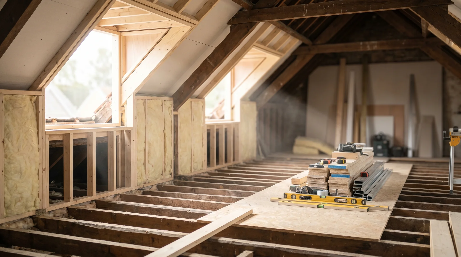 Vindsutrymme under renovering med träreglar, isolering och byggverktyg.
