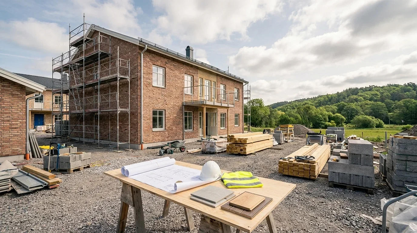 Byggarbetsplats med tegelbyggnad, byggnadsställningar, byggmaterial och ritningar på bord.
