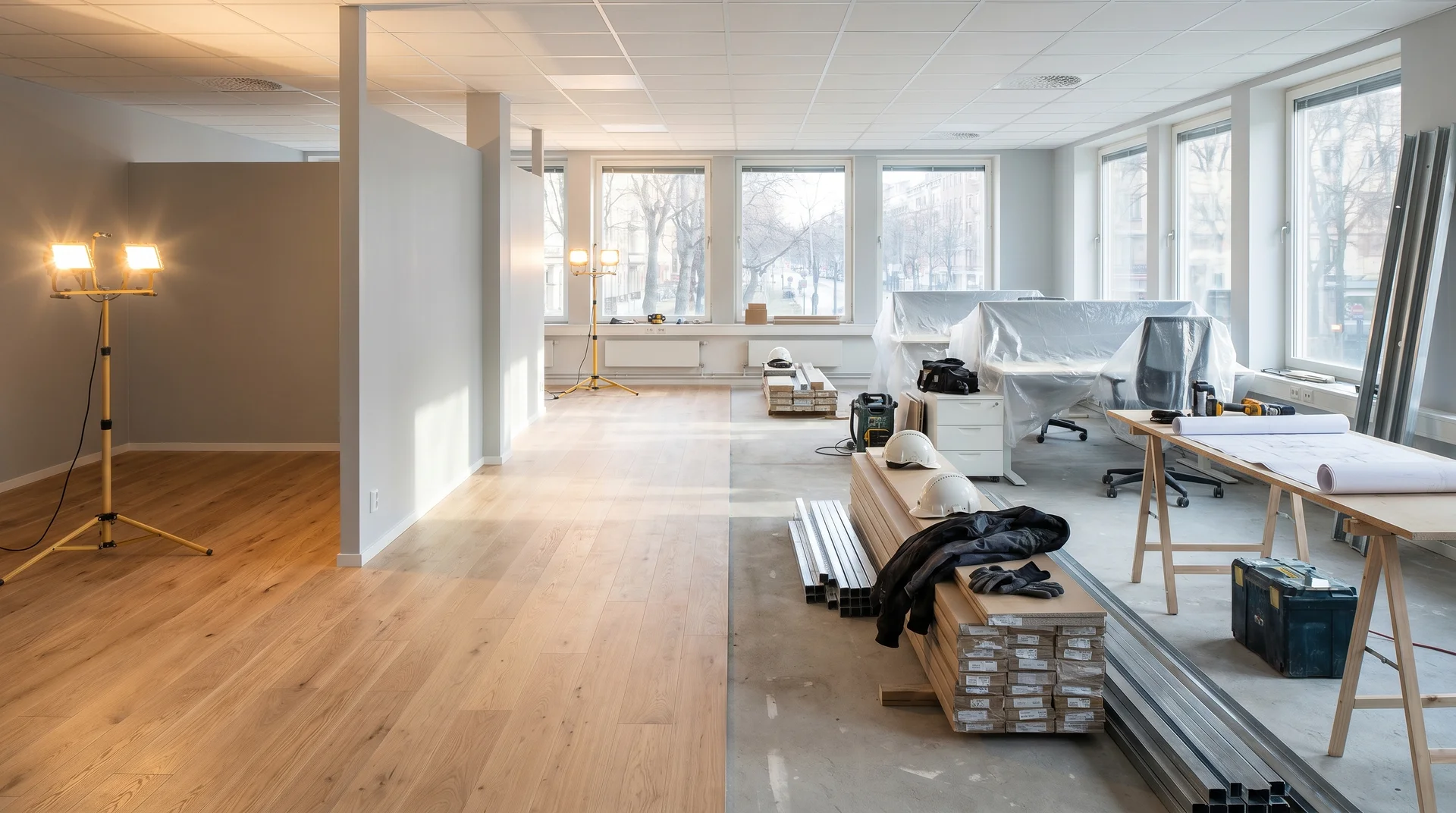Kontorslokal under renovering med byggmaterial och skyddsutrustning på golvet.